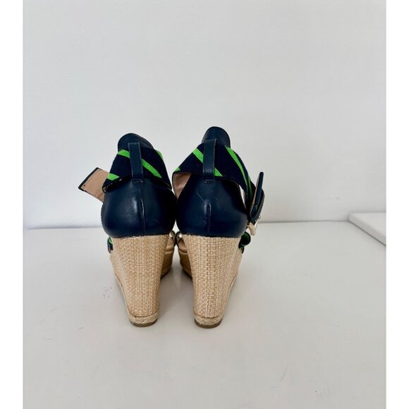 Tommy Hilfiger Sandals 10 Wedge Navy Green Striped Espadrille Preppy Nautical - Picture 15 of 16